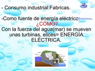 - Consumo industrial:Fabricas.   -Como fuente de energía eléctrica:   ¿CÓMO? Con la fuerza del agua(mar) se mueven unas turbinas, elices= ENERGÍA ELÉCTRICA.   