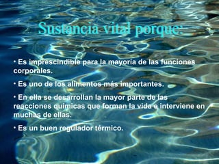 Sustancia vital porque: Es imprescindible para la mayoría de las funciones corporales. Es uno de los alimentos más importantes. En ella se desarrollan la mayor parte de las reacciones químicas que forman la vida e interviene en muchas de ellas. Es un buen regulador térmico. 