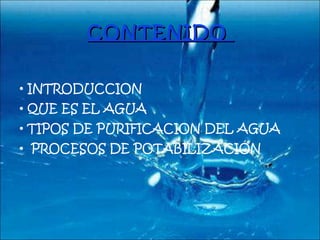 CONTENIDO    INTRODUCCION  QUE ES EL AGUA  TIPOS DE PURIFICACION DEL AGUA  PROCESOS DE POTABILIZACIÓN      