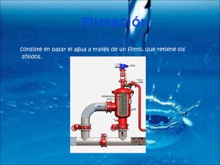 Filtración consiste en pasar el agua a través de un filtro, que retiene los sólidos. 