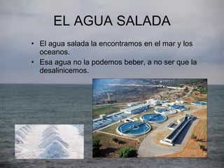 EL AGUA SALADA El agua salada la encontramos en el mar y los oceanos. Esa agua no la podemos beber, a no ser que la desalinicemos. 