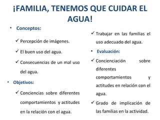 ¡FAMILIA, TENEMOS QUE CUIDAR EL
               AGUA!
 • Conceptos:
                                     Trabajar en las familias el
    Percepción de imágenes.          uso adecuado del agua.
    El buen uso del agua.          • Evaluación:

    Consecuencias de un mal uso     Concienciación         sobre
                                      diferentes
     del agua.
                                      comportamientos             y
• Objetivos:
                                      actitudes en relación con el
    Conciencias sobre diferentes     agua.
     comportamientos y actitudes     Grado de implicación de
     en la relación con el agua.      las familias en la actividad.
 