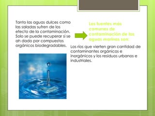 Tanto las aguas dulces como              Las fuentes más
las saladas sufren de los
                                         comunes de
efecto de la contaminación.
Solo se puede recuperar si se
                                         contaminación de las
ah dado por compuestos                   aguas marinas son:
orgánicos biodegradables. Los ríos que vierten gran cantidad de
                              contaminantes orgánicos e
                              inorgánicos y los residuos urbanos e
                              industriales.
 