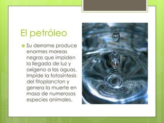 El petróleo
   Su derrame produce
    enormes mareas
    negras que impiden
    la llegada de luz y
    oxígeno a las aguas.
    Impide la fotosíntesis
    del fitoplancton y
    genera la muerte en
    masa de numerosas
    especies animales.
 