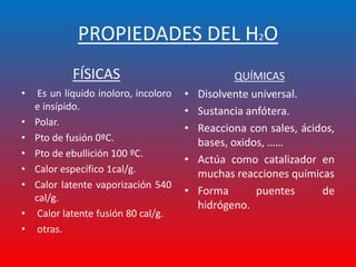 PROPIEDADES DEL H2O
            FÍSICAS                                QUÍMICAS
•    Es un líquido inoloro, incoloro   •   Disolvente universal.
    e insípido.                        •   Sustancia anfótera.
•   Polar.
                                       •   Reacciona con sales, ácidos,
•   Pto de fusión 0ºC.                     bases, oxidos, ……
•   Pto de ebullición 100 ºC.
                                       •   Actúa como catalizador en
•   Calor específico 1cal/g.               muchas reacciones químicas
•   Calor latente vaporización 540
                                       •   Forma       puentes      de
    cal/g.
                                           hidrógeno.
•    Calor latente fusión 80 cal/g.
•    otras.
 