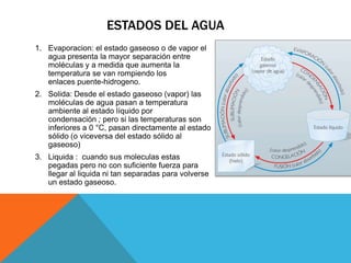 ESTADOS DEL AGUA
1. Evaporacion: el estado gaseoso o de vapor el
   agua presenta la mayor separación entre
   moléculas y a medida que aumenta la
   temperatura se van rompiendo los
   enlaces puente-hidrogeno.
2. Solida: Desde el estado gaseoso (vapor) las
   moléculas de agua pasan a temperatura
   ambiente al estado líquido por
   condensación ; pero si las temperaturas son
   inferiores a 0 °C, pasan directamente al estado
   sólido (o viceversa del estado sólido al
   gaseoso)
3. Liquida : cuando sus moleculas estas
   pegadas pero no con suficiente fuerza para
   llegar al liquida ni tan separadas para volverse
   un estado gaseoso.
 