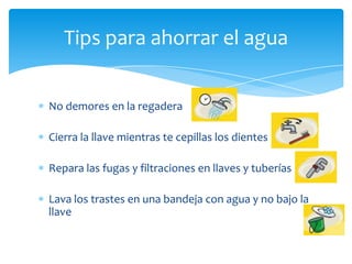 Tips para ahorrar el agua


No demores en la regadera

Cierra la llave mientras te cepillas los dientes

Repara las fugas y filtraciones en llaves y tuberías

Lava los trastes en una bandeja con agua y no bajo la
llave
 