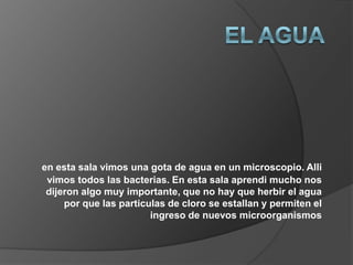 en esta sala vimos una gota de agua en un microscopio. Alli
 vimos todos las bacterias. En esta sala aprendi mucho nos
 dijeron algo muy importante, que no hay que herbir el agua
     por que las particulas de cloro se estallan y permiten el
                        ingreso de nuevos microorganismos
 