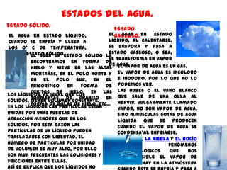 Estados del agua.
ESTADO SÓLIDO.
                                         ESTADO
El agua en estado líquido,             ElGASEOSO. en
                                           agua          estado
cuando se enfría y llega a             líquido, al calentarse,
los 0º C de temperatura,               se evapora y pasa a
pasa a estado sólido.                  estado gaseoso, o sea,
         El agua en estado sólido la
                                       se transforma en vapor
         encontramos en forma de
                                       de agua.
         hielo y nieve en las altas El vapor de agua es un gas.
         montañas, en el Polo Norte y El vapor de agua es incoloro
         en el Polo Sur, en el e inodoro, por lo que no lo
         frigorífico    en   forma   de podemos ver.
         cubitos de hielo, en las Las nubes o el vaho blanco
Los líquidos, al igual que los
         tormentas de granizo en que sale de una olla al
sólidos, tienen volumen constante.
         forma de bolas de hielo, etc... hervir, vulgarmente llamado
En los líquidos las partículas están       vapor, no son vapor de agua,
unidas por unas fuerzas de                 sino minúsculas gotas de agua
atracción menores que en los               líquida que se producen
sólidos, por esta razón las                cuando el vapor de agua se
partículas de un líquido pueden            condensa*al enfriarse.
trasladarse con libertad. El               Las nubes, la niebla y el rocío
número de partículas por unidad            son                 fenómenos
de volumen es muy alto, por ello           meteorológicos      que     nos
son muy frecuentes las colisiones y        hacen visible el vapor de
fricciones entre ellas.                    agua que hay en la atmósfera
Así se explica que los líquidos no
 