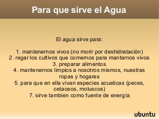 Para que sirve el Agua


                  El agua sirve para:

   1. mantenernos vivos (no morir por deshidratación)
2. regar los cultivos que comemos para manternos vivos
                   3. preparar alimentos
  4. mantenernos limpios a nosotros mismos, nuestras
                      ropas y hogares
  5. para que en ella vivan especies acuaticas (peces,
                    cetaceos, moluscos)
        7. sirve tambien como fuente de energía
 
