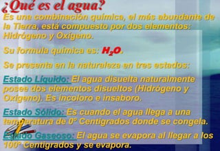 ¿Qué es el agua?
Es una combinación química, el más abundante de
la Tierra, está compuesto por dos elementos:
Hidrógeno y Oxígeno.
Su formula química es: H2O.
Se presenta en la naturaleza en tres estados:
Estado Líquido: El agua disuelta naturalmente
posee dos elementos disueltos (Hidrógeno y
Oxígeno). Es incoloro e insaboro.
Estado Sólido: Es cuando el agua llega a una
temperatura de 0º Centigrados donde se congela.
Estado Gaseoso: El agua se evapora al llegar a los
100º Centigrados y se evapora.
 