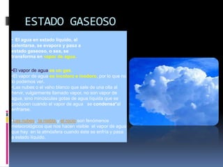 ESTADO GASEOSO
• El agua en estado líquido, al
calentarse, se evapora y pasa a
estado gaseoso, o sea, se
transforma en vapor de agua.
•El vapor de agua es un gas.
•El vapor de agua es incoloro e inodoro, por lo que no
lo podemos ver.
•Las nubes o el vaho blanco que sale de una olla al
hervir, vulgarmente llamado vapor, no son vapor de
agua, sino minúsculas gotas de agua líquida que se
producen cuando el vapor de agua se condensa*al
enfriarse.
•Las nubes, la niebla y el rocío son fenómenos
meteorológicos que nos hacen visible el vapor de agua
que hay en la atmósfera cuando éste se enfría y pasa
a estado líquido.
 