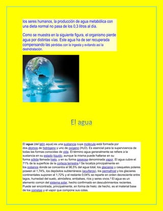 los seres humanos, la producción de agua metabólica con
una dieta normal no pasa de los 0,3 litros al día.
Como se muestra en la siguiente figura, el organismo pierde
agua por distintas vías. Este agua ha de ser recuperada
compensando las pérdidas con la ingesta y evitando así la
deshidratación.
El agua (del latín aqua) es una sustancia cuya molécula está formada por
dos átomos de hidrógeno y uno de oxígeno (H2O). Es esencial para la supervivencia de
todas las formas conocidas de vida. El término agua generalmente se refiere a la
sustancia en su estado líquido, aunque la misma puede hallarse en su
forma sólida llamada hielo, y en su forma gaseosa denominada vapor. El agua cubre el
71% de la superficie de la corteza terrestre.2
Se localiza principalmente en
los océanos donde se concentra el 96,5% del agua total, los glaciares y casquetes polares
poseen el 1,74%, los depósitos subterráneos (acuíferos), los permafrost y los glaciares
continentales suponen el 1,72% y el restante 0,04% se reparte en orden decreciente entre
lagos, humedad del suelo, atmósfera, embalses, ríos y seres vivos.3
El agua es un
elemento común del sistema solar, hecho confirmado en descubrimientos recientes.
Puede ser encontrada, principalmente, en forma de hielo; de hecho, es el material base
de los cometas y el vapor que compone sus colas.
 
