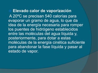  Elevado calor de vaporización
A 20ºC se precisan 540 calorías para
evaporar un gramo de agua, lo que da
idea de la energía necesaria para romper
los puentes de hidrógeno establecidos
entre las moléculas del agua líquida y,
posteriormente, para dotar a estas
moléculas de la energía cinética suficiente
para abandonar la fase líquida y pasar al
estado de vapor.
 