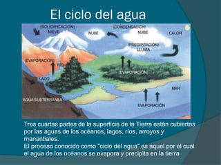 El ciclo del agua
Tres cuartas partes de la superficie de la Tierra están cubiertas
por las aguas de los océanos, lagos, ríos, arroyos y
manantiales.
El proceso conocido como "ciclo del agua" es aquel por el cual
el agua de los océanos se evapora y precipita en la tierra
 