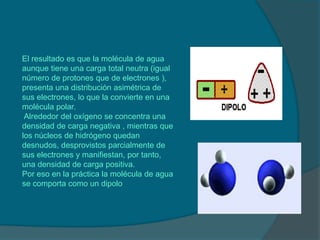 El resultado es que la molécula de agua
aunque tiene una carga total neutra (igual
número de protones que de electrones ),
presenta una distribución asimétrica de
sus electrones, lo que la convierte en una
molécula polar.
Alrededor del oxígeno se concentra una
densidad de carga negativa , mientras que
los núcleos de hidrógeno quedan
desnudos, desprovistos parcialmente de
sus electrones y manifiestan, por tanto,
una densidad de carga positiva.
Por eso en la práctica la molécula de agua
se comporta como un dipolo
 