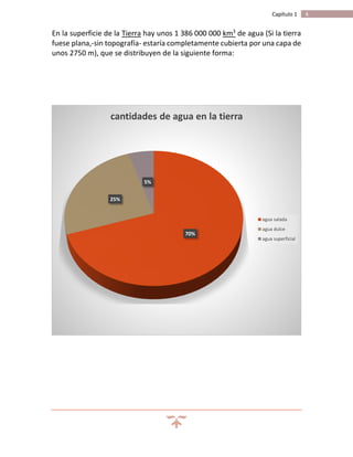 4Capítulo 1
En la superficie de la Tierra hay unos 1 386 000 000 km3
de agua (Si la tierra
fuese plana,-sin topografía- estaría completamente cubierta por una capa de
unos 2750 m), que se distribuyen de la siguiente forma:
70%
25%
5%
cantidades de agua en la tierra
agua salada
agua dulce
agua superficial
 