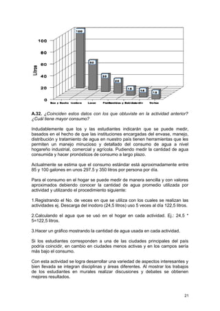 A.32. ¿Coinciden estos datos con los que obtuviste en la actividad anterior? 
¿Cuál tiene mayor consumo? 
Indudablemente que los y las estudiantes indicarán que se puede medir, 
basados en el hecho de que las instituciones encargadas del envase, manejo, 
distribución y tratamiento de agua en nuestro país tienen herramientas que les 
permiten un manejo minucioso y detallado del consumo de agua a nivel 
hogareño industrial, comercial y agrícola. Pudiendo medir la cantidad de agua 
consumida y hacer pronósticos de consumo a largo plazo. 
Actualmente se estima que el consumo estándar está aproximadamente entre 
85 y 100 galones en unos 297.5 y 350 litros por persona por día. 
Para el consumo en el hogar se puede medir de manera sencilla y con valores 
aproximados debiendo conocer la cantidad de agua promedio utilizada por 
actividad y utilizando el procedimiento siguiente: 
1.Registrando el No. de veces en que se utiliza con los cuales se realizan las 
actividades ej. Descarga del inodoro (24,5 litros) uso 5 veces al día 122,5 litros. 
2.Calculando el agua que se usó en el hogar en cada actividad. Ej.: 24,5 * 
5=122,5 litros. 
3.Hacer un gráfico mostrando la cantidad de agua usada en cada actividad. 
Si los estudiantes corresponden a una de las ciudades principales del país 
podría coincidir, en cambio en ciudades menos activas y en los campos sería 
más bajo el consumo. 
Con esta actividad se logra desarrollar una variedad de aspectos interesantes y 
bien llevada se integran disciplinas y áreas diferentes. Al mostrar los trabajos 
de los estudiantes en murales realizar discusiones y debates se obtienen 
mejores resultados. 
21 
 