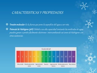 CARACTERISTICAS Y PROPIEDADES
 Tensiónmolecular:Es la fuerza que pone la superficie del agua a ser rota.
 Potencial de Hidrógeno (pH): Debido a su alta capacidad ionizante las moléculas de agua
pueden ganar o perder fácilmente electrones intercambiando así iones de hidrógeno con
otras sustancias.
 