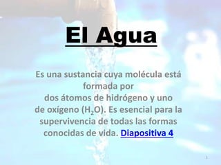 El Agua
Es una sustancia cuya molécula está
formada por
dos átomos de hidrógeno y uno
de oxígeno (H2O). Es esencial para la
supervivencia de todas las formas
conocidas de vida. Diapositiva 4
1
 