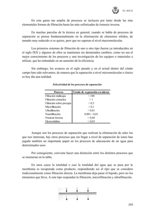 EL AGUA
233
En esta gama tan amplia de procesos se incluyen por tanto desde las más
elementales formas de filtración hasta las más sofisticadas de ósmosis inversa.
En muchas parcelas de la técnica en general, cuando se habla de procesos de
separación se piensa fundamentalmente en la eliminación de elementos sólidos, de
tamaño muy reducido si se quiere, pero que no superan el nivel macromolecular.
Los primeros sistemas de filtración de uno u otro tipo fueron ya introducidos en
el siglo IXX y algunos de ellos se mantienen sin demasiados cambios, como no sea el
mejor conocimiento de los procesos y una investigación de los equipos o materiales a
utilizar, que ha redundado en un aumento de la eficiencia.
Sin embargo, los avances en el siglo pasado y en el actual dentro del citado
campo han sido relevantes, de manera que la separación a nivel micromolecular o iónico
es hoy día una realidad.
Proceso Grado de separación en micras
Filtración multicapa > 100
Filtración cartuchos > 1
Filtración sobre precapa > 0,5
Microliltración > 0,1
Ultrafiltración > 0,01
Nanofiltración 0,001 - 0,01
Osmosis Inversa < 0,04
Electrodiálisis < 0,03
Selectividad de los procesos de separación
Aunque son los procesos de separación que realizan la eliminación de sales los
que nos interesan, hay otros procesos que sin llegar a nivel de separación de iones han
jugado también un importante papel en los procesos de adecuación de un agua para
determinados usos.
Por consiguiente, conviene hacer una distinción entre los distintos procesos que
se enumeran en la tabla.
En unos casos la totalidad o casi la totalidad del agua que se pasa por la
membrana es recuperada como producto, respondiendo así al tipo que se considera
tradicionalmente como filtración directa. La membrana deja pasar el líquido, pero no los
elementos que lleva. A este tipo responden la filtración, microfiltración y ultrafiltración.
 