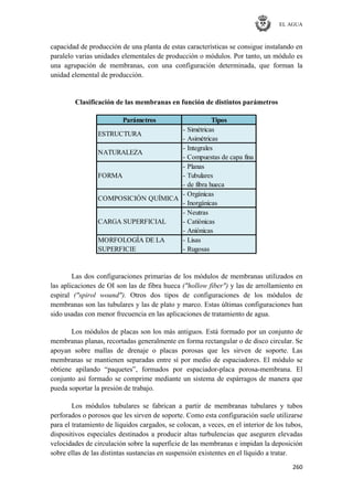 EL AGUA
260
capacidad de producción de una planta de estas características se consigue instalando en
paralelo varias unidades elementales de producción o módulos. Por tanto, un módulo es
una agrupación de membranas, con una configuración determinada, que forman la
unidad elemental de producción.
Clasificación de las membranas en función de distintos parámetros
Parámetros Tipos
- Simétricas
- Asimétricas
- Integrales
- Compuestas de capa fina
- Planas
- Tubulares
- de fibra hueca
- Orgánicas
- Inorgánicas
- Neutras
- Catiónicas
- Aniónicas
MORFOLOGÍA DE LA - Lisas
SUPERFICIE - Rugosas
ESTRUCTURA
NATURALEZA
FORMA
COMPOSICIÓN QUÍMICA
CARGA SUPERFICIAL
Las dos configuraciones primarias de los módulos de membranas utilizados en
las aplicaciones de OI son las de fibra hueca ("hollow fiber") y las de arrollamiento en
espiral ("spirol wound"). Otros dos tipos de configuraciones de los módulos de
membranas son las tubulares y las de plato y marco. Estas últimas configuraciones han
sido usadas con menor frecuencia en las aplicaciones de tratamiento de agua.
Los módulos de placas son los más antiguos. Está formado por un conjunto de
membranas planas, recortadas generalmente en forma rectangular o de disco circular. Se
apoyan sobre mallas de drenaje o placas porosas que les sirven de soporte. Las
membranas se mantienen separadas entre sí por medio de espaciadores. El módulo se
obtiene apilando ―paquetes‖, formados por espaciador-placa porosa-membrana. El
conjunto así formado se comprime mediante un sistema de espárragos de manera que
pueda soportar la presión de trabajo.
Los módulos tubulares se fabrican a partir de membranas tubulares y tubos
perforados o porosos que les sirven de soporte. Como esta configuración suele utilizarse
para el tratamiento de líquidos cargados, se colocan, a veces, en el interior de los tubos,
dispositivos especiales destinados a producir altas turbulencias que aseguren elevadas
velocidades de circulación sobre la superficie de las membranas e impidan la deposición
sobre ellas de las distintas sustancias en suspensión existentes en el líquido a tratar.
 