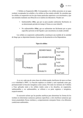 EL AGUA
37
─ Sólidos en Suspensión (SS). Corresponden a los sólidos presentes en un agua
residual, exceptuados los solubles y los sólidos en fino estado coloidal. Se considera que
los sólidos en suspensión son los que tienen partículas superiores a un micrómetro y que
son retenidos mediante una filtración en el análisis de laboratorio. Pueden ser:
• Sedimentables (SSs), que por su peso pueden sedimentar fácilmente en
un determinado período de tiempo (2 horas en cono Imhoff).
• No sedimentables (SSn), que no sedimentan tan fácilmente por su peso
específico próximo al del líquido o por encontrarse en estado coloidal.
Los sólidos en suspensión sedimentables constituyen una medida de la cantidad
de fango que se depositará durante el proceso de decantación en las Depuradoras.
Tipos de sólidos
A su vez, cada una de estas clases de sólidos puede clasificarse de nuevo en base
a su volatilidad a 500ºC. La fracción orgánica se oxidará y será expulsada como gas,
permaneciendo la fracción inorgánica como ceniza. Por tanto los términos de Volátiles
y Fijos aplicados tanto a los sólidos totales como a los disueltos, en suspensión,
sedimentables y no sedimentables, se refieren a su parte orgánica e inorgánica,
respectivamente.
Es necesario aclarar que las pruebas analíticas para determinar las formas de los
residuos no determinan sustancias químicas específicas y solo clasifican sustancias que
tienen propiedades físicas similares y comportamiento semejante frente a las diferentes
condiciones ambientales.
 
