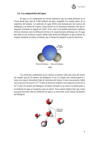 EL AGUA
4
1.2. La composición del agua
El agua es un componente de nuestra naturaleza que ha estado presente en la
Tierra desde hace más de 3.800 millones de años, ocupando tres cuartas partes de la
superficie del planeta. La molécula de agua (H2O) está formada por dos átomos de
hidrógeno y un átomo de oxigeno. Estos átomos no se encuentran alineados sino que se
disponen formando un ángulo de 104,5°. Este valor se ha podido determinar mediante
diversas técnicas como la difracción de rayos X, espectroscopia infrarroja, etc. El agua
por tanto es una molécula angular donde cada átomo de hidrógeno se une al átomo de
oxígeno mediante un enlace covalente, que se forma al compartir un par de electrones.
Los electrones compartidos en los enlaces covalentes están más cerca del átomo
de oxígeno que de los átomos de hidrógeno, al ser el oxígeno más electronegativo y
atraer con mayor intensidad el par de electrones del enlace. Como consecuencia, habrá
una carga parcial negativa sobre el átomo de oxígeno y una carga parcial positiva
sobre los átomos de hidrógeno. El enlace formado es un enlace covalente polar y
la molécula de agua se comporta como un dipolo. Este carácter dipolar hace que exista
una gran atracción entre las moléculas de agua y se unen entre sí por enlaces de puentes
de hidrógeno.
 