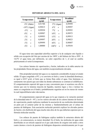 EL AGUA
6
Temperatura
Dendidad
(g/ml)
Temperatura
Dendidad
(g/ml)
0o
C (Hielo) 0,91700 5o
C (Agua) 0,99999
-10
o
C (Agua) 0,99815 6
o
C » 0,99997
-5o
C » 0,99930 7o
C » 0,99993
0
o
C » 0,99987 10
o
C » 0,99973
1o
C » 0,99993 15o
C » 0,99913
2o
C » 0,99997 20o
C » 0,99823
3
o
C » 0,99999 50
o
C » 0,98807
4
o
C » 1,00000 100
o
C » 0,95838
DENSIDAD ABSOLUTA DEL AGUA
El agua tiene una capacidad calorífica superior a la de cualquier otro líquido o
sólido con excepción del litio por encima de los 100ºC o del hidruro de litio a 50ºC. A
14,5ºC el agua tiene, por definición, un calor específico de 1, el cual no cambia
prácticamente al variar la temperatura.
Los calores latentes de vaporización y fusión, indicados en la tabla anterior de
las propiedades físicas del agua, son también excepcionalmente elevados.
Otra propiedad anormal del agua es su expansión considerable al pasar al estado
sólido. El agua congelada a 0ºC y se convierte en hielo y como la densidad disminuye,
es igual a 0,917 g/ml, el hielo que se forma flota sobre el agua. Este fenómeno es
sumamente raro puesto que casi todas las demás substancias se contraen al solidificarse.
El comportamiento especial del agua es muy conveniente pues si ocurriese con ella lo
mismo que con la inmensa mayoría de líquidos, nuestros lagos y ríos e incluso los
mares se congelarían en el fondo y probablemente seguirían así en los meses de verano
lo cual imposibilitaría toda vida marina.
El comportamiento especial del agua en lo que respecta a la variación anormal
de la densidad entre 0—4ºC y en los valores elevados de los calores latentes de fusión y
de vaporización, puede explicarse mediante la asociación de sus moléculas determinada
en parte por el carácter polar de las mismas y fundamentalmente por el enlace de
puentes de hidrógeno. Esta asociación molecular permitió explicar los elevados puntos
de fusión y de ebullición del agua mucho más altos de los que deberían esperarse por su
fórmula molecular sencilla.
Los enlaces de puente de hidrógeno explica también la estructura abierta del
hielo y, en consecuencia, su menor densidad. En el hielo, las moléculas de agua están
distribuidas en un retículo espacial en el que cada átomo de oxígeno está unido a otros
cuatro átomos a través de puentes de hidrógeno dispuestos asimétricamente por lo que
 