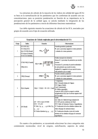 EL AGUA
72
La estructura de cálculo de la mayoría de los índices de calidad del agua (ICA)
se basa en la normalización de los parámetros que los conforman de acuerdo con sus
concentraciones, para su posterior ponderación en función de su importancia en la
percepción general de la calidad agua; se calcula mediante la integración de las
ponderaciones de los parámetros a través de diferentes funciones matemáticas
Las tabla siguiente muestra las ecuaciones de cálculo de los ICA, asociados por
grupos de acuerdo con el tipo de ecuación utilizada.
En cuanto a los parámetros, se recomienda seleccionar las cinco categorías más
comúnmente reconocidas: nivel de oxígeno, eutrofización, aspectos de salud,
 