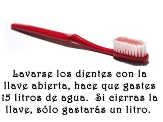 www.vitanoblepowerpoints.net
Lavarse los dientes con laLavarse los dientes con la
llave abierta, hace que gastesllave abierta, hace que gastes
15 litros de agua. Si cierras la15 litros de agua. Si cierras la
llave, sólo gastarás un litro.llave, sólo gastarás un litro.
 