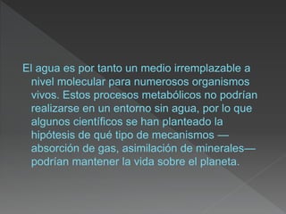 El agua es por tanto un medio irremplazable a
nivel molecular para numerosos organismos
vivos. Estos procesos metabólicos no podrían
realizarse en un entorno sin agua, por lo que
algunos científicos se han planteado la
hipótesis de qué tipo de mecanismos —
absorción de gas, asimilación de minerales—
podrían mantener la vida sobre el planeta.
 