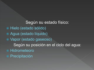 Según su estado físico:
 Hielo (estado sólido)
 Agua (estado líquido)
 Vapor (estado gaseoso)
Según su posición en el ciclo del agua:
 Hidrometeoro
 Precipitación
 