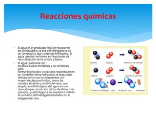 Reacciones químicas
 El agua es el producto final de reacciones
de combustión, ya sea del hidrógeno o de
un compuesto que contenga hidrógeno. El
agua también se forma en reacciones de
neutralización entre ácidos y bases.
 El agua reacciona con
muchos óxidos metálicos y no metálicos
para
formar hidróxidos y oxácidos respectivamen
te. También forma hidróxidos al reaccionar
directamente con los elementos con
mayor electro positividad, como los
metales alcalinos y alcalinotérreos, que
desplazan el hidrógeno del agua en una
reacción que, en el caso de los alcalinos más
pesados, puede llegar a ser explosiva debido
al contacto del hidrógeno liberado con el
oxígeno del aire.
 
