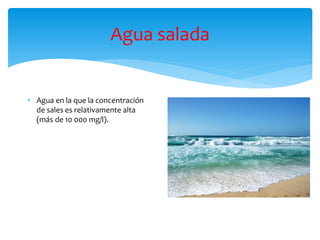Agua salada
 Agua en la que la concentración
de sales es relativamente alta
(más de 10 000 mg/l).
 