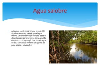 Agua salobre
 Agua que contiene sal en una proporción
significativamente menor que el agua
marina. La concentración del total de sales
disueltas está generalmente comprendida
entre 1000 - 10 000 mg/l. Este tipo de agua
no está contenida entre las categorías de
agua salada y agua dulce.
 