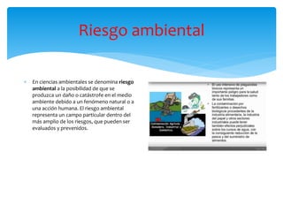 Riesgo ambiental
 En ciencias ambientales se denomina riesgo
ambiental a la posibilidad de que se
produzca un daño o catástrofe en el medio
ambiente debido a un fenómeno natural o a
una acción humana. El riesgo ambiental
representa un campo particular dentro del
más amplio de los riesgos, que pueden ser
evaluados y prevenidos.
 