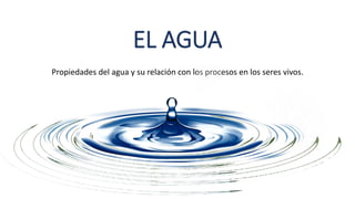 EL AGUA
Propiedades del agua y su relación con los procesos en los seres vivos.
 
