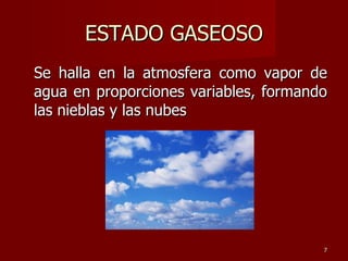 ESTADO GASEOSO Se halla en la atmosfera como vapor de agua en proporciones variables, formando las nieblas y las nubes 