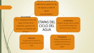 Ocurre cuando el sol
calienta la superficie de
las aguas y sube el
vapor
a la atmósfera.
Condensación
El vapor de agua que ha subido
se concentra en gotas que
formarán nubes y neblina.
Precipitación
El agua condensada en la
atmósfera desciende a la
superficie en forma de
gotas.
Infiltración
El agua que ha caído en la
superficie terrestre penetra en el
suelo.
Escorrentía
Es e l desplazamiento del
agua a través de la
superficie, gracias a los
declives y accidentes del
terreno.
ETAPAS DEL
CICLO DEL
AGUA
 