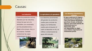 Causas:
Las industrias
• Todos los productos nocivos
liberados por las industrias,
incluso los que van a la
atmósfera, son arrastrados
por las precipitaciones y
llegan a los arroyos, ríos y a
los océanos. También
contaminan las capas
subterráneas de agua.
La agricultura y la ganadería
• Los desechos provenientes
del ganado, los productos
usados para controlar las
plagas y los fertilizantes
usados para enriquecer el
suelo se depositan en él y se
infiltran contaminando las
aguas del subsuelo.
Los desechos domésticos y
urbanos
• El agua usada para la higiene
personal, para la limpieza de
casa y los enseres domésticos,
para lavar el auto, es llevada
algunos casos hasta plantas de
tratamiento para su
depuración, pero
son depositados en algún
cauce hídrico importante sin
tratamiento previo.
 