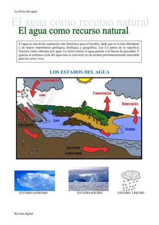 La fiesta del agua




   El agua es una de las sustancias más familiares para el hombre, dado que es la más abundante
   y de mayor importancia geológica, biológica y geográfica. Las 2/3 partes de la superficie
   terrestre están cubiertas por agua. La tierra retiene al agua gracias a la fuerza de gravedad. Y
   gracias al continuo ciclo del agua ésta se convierte en un recurso permanentemente renovable
   para los seres vivos.



                           LOS ESTADOS DEL AGUA




   ESTADO GASEOSO                                ESTADO SÓLIDO                   ESTADO LÍQUDO




Revista digital
 