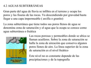 4.2 AGUAS SUBTERRÁNEAS
Gran parte del agua de lluvia se infiltra en el terreno y ocupa los
poros y las fisuras de las rocas. Va descendiendo por gravedad hasta
llegar a una capa impermeable ( arcilla o granito)
La zona subterránea que tiene todos sus poros llenos de agua se
denomina zona de saturación y el agua que la ocupa se conoce como
agua subterránea o freática
Las rocas porosas y permeables donde se ubica se
llaman acuíferos. Sobre la zona de saturación se
halla la zona de aireación que conserva algunos
poros llenos de aire. La línea superior de la zona
de saturación es el nivel freático
Este nivel no es constante depende de las
precipitaciones y de la topografía
 