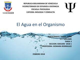 El Agua en el Organismo
REPUBLICA BOLIVARIANA DE VENEZUELA
VICERECTORADO DE ESTUDIOS A DISTANCIA
ESCUELA: PSICOLOGIA
CATEDRA: BIOLOGIA Y CONDUCTA
PARTICIPANTE: DANIEL PEÑA
C.I.: 10912685
TAREA 3
SECCION: ED01D0V 2018-1
PROFESORA: XIOMARA RODRIGUEZ
FEBRERO 2018
 