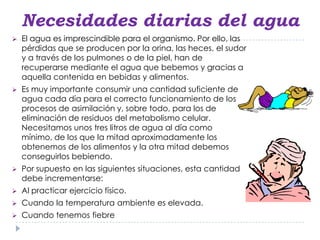 Necesidades diarias del agua
   El agua es imprescindible para el organismo. Por ello, las
    pérdidas que se producen por la orina, las heces, el sudor
    y a través de los pulmones o de la piel, han de
    recuperarse mediante el agua que bebemos y gracias a
    aquella contenida en bebidas y alimentos.
   Es muy importante consumir una cantidad suficiente de
    agua cada día para el correcto funcionamiento de los
    procesos de asimilación y, sobre todo, para los de
    eliminación de residuos del metabolismo celular.
    Necesitamos unos tres litros de agua al día como
    mínimo, de los que la mitad aproximadamente los
    obtenemos de los alimentos y la otra mitad debemos
    conseguirlos bebiendo.
   Por supuesto en las siguientes situaciones, esta cantidad
    debe incrementarse:
   Al practicar ejercicio físico.
   Cuando la temperatura ambiente es elevada.
   Cuando tenemos fiebre
 