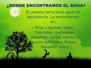 ¿DONDE ENCONTRAMOS EL AGUA?
      El planeta tierra tiene agua en
      abundancia. La encontramos
                     en:
         • Ríos, Lagunas, lagos,
           Cascadas, quebradas,
         Océanos, Lluvia, Aljibes o
          pozos artificiales, Nubes,
              Nevados, polos
 