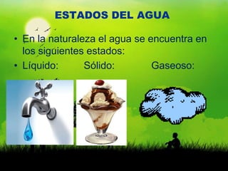 ESTADOS DEL AGUA

• En la naturaleza el agua se encuentra en
  los siguientes estados:
• Líquido:      Sólido:        Gaseoso:
 