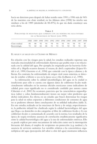 AMC Ag01ValleMéx.

13/4/94

20

04:57 pm

Page 20

B. JIMÉNEZ, M. MAZARI, R. DOMÍNGUEZ Y E. CIFUENTES

hacia un deterioro pues después de haber tenido entre 1991 y 1996 más de 94%
de las muestras con cloro residual, en los últimos años (1998) los niveles son
similares a los de 1989 (alrededor de 85-87%), lo que sin duda constituye una
seria alerta.
TABLA 2
P ORCENTAJE

DE MUESTRAS QUE CUMPLEN CON LAS NORMAS DEL AGUA POTABLE
DE LA

Cloro residual
Bacteriología

EL AGUA Y

S ECRETARÍA

DE

S ALUD ( GDF, 1999).

1988 1989 1990 1991 1992 1993 1994 1995 1996 1997 1998
85
88
92
94
94
94
93
94
94
91
87
70
82
84
88
91
93
93
92
92
91
83

LA SALUD EN LA

CIUDAD

DE

MÉXICO

En relación con los riesgos para la salud, los estudios realizados reportan una
marcada estacionalidad de enfermedades diarreicas que podría estar o no relacionada con la calidad del agua. Por ejemplo, las originadas por las bacterias Escherichia coli y Shigella ocurren durante el verano, de abril a septiembre (López-Vidal et al., 1990; Guerrero et al., 1994) que coincide con la época calurosa y de
lluvias. En contraste, las enfermedades de origen viral como rotavirus, se detectan de octubre a febrero o sea en la época seca y fría (LeBaron et al., 1990).
La información sobre la calidad microbiológica del agua en la ciudad es
insuficiente pues sólo se cuenta con algunos datos de coliformes fecales tradicionalmente utilizados en las normas oficiales mexicanas como indicadores de
calidad, pero cuyo significado no es considerado confiable por autores como
Cifuentes et al., 2002. En ocasiones, pareciera que las características organolépticas (sabor y color, fundamentalmente) tienen un mejor valor predictivo que
dichos indicadores. En efecto, en un estudio que buscó determinar los riesgos
para la salud en niños expuestos a diferentes condiciones de consumo de agua
no se pudieron obtener datos concluyentes de su utilidad indicadora (tabla 3).
En este estudio, realizado en las estaciones de lluvia y de estiaje, respectivamente, la población infantil fue clasificada según la calidad bacteriológica del agua
que llega a su domicilio en dos categorías: a) libre de coliformes fecales y b) con
coliformes fecales o contaminada de acuerdo con la norma. Los resultados de la
época de sequía revelaron ausencia de correlación estadísticamente significativa
entre la calidad bacteriológica del agua y la tasa de enfermedades entéricas. Ello
se puede explicar por otros mecanismos de infección como son la interrupción
frecuente del abasto, el empleo de recipientes sin protección (e.g. tambos) y la
ausencia de servicios sanitarios. Las variables relativas a las características organolépticas del agua (percepción del sabor u olor del agua) mostraron influencia

 