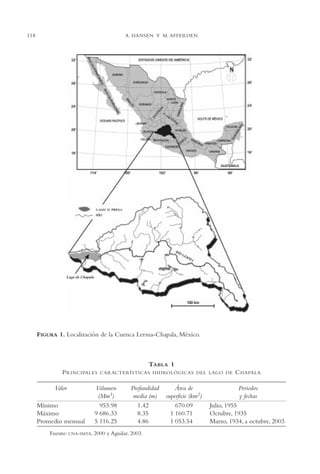 AMC Ag06L. Chapala

16/4/94

11:42 am

118

Page 118

A. HANSEN Y M. AFFERDEN

FIGURA 1. Localización de la Cuenca Lerma-Chapala, México.

TABLA 1
P RINCIPALES
Valor
Mínimo
Máximo
Promedio mensual

CARACTERÍSTICAS HIDROLÓGICAS DEL LAGO DE

Volumen
(Mm3)
953.98
9,686.33
5,116.25

Profundidad
media (m)
1.42
8.35
4.86

Fuente: CNA-IMTA, 2000 y Aguilar, 2003.

Área de
superficie (km2)
670.09
1,160.71
1,053.54

C HAPALA
Periodos
y fechas

Julio, 1955
Octubre, 1935
Marzo, 1934, a octubre, 2003

 