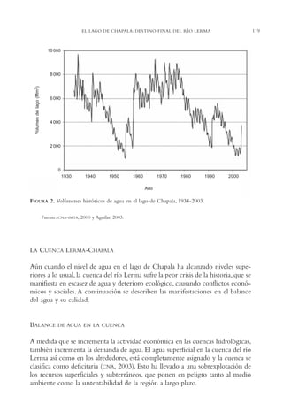 AMC Ag06L. Chapala

16/4/94

11:42 am

Page 119

119

EL LAGO DE CHAPALA: DESTINO FINAL DEL RÍO LERMA

10 000

Volumen del lago (Mm3)

8 000

6 000

4 000

2 000

0
1930

1940

1950

1960

1970

1980

1990

2000

Año

FIGURA 2. Volúmenes históricos de agua en el lago de Chapala, 1934-2003.
Fuente: CNA-IMTA, 2000 y Aguilar, 2003.

LA CUENCA LERMA-CHAPALA
Aún cuando el nivel de agua en el lago de Chapala ha alcanzado niveles superiores a lo usual, la cuenca del río Lerma sufre la peor crisis de la historia, que se
manifiesta en escasez de agua y deterioro ecológico, causando conflictos económicos y sociales. A continuación se describen las manifestaciones en el balance
del agua y su calidad.

BALANCE

DE AGUA EN LA CUENCA

A medida que se incrementa la actividad económica en las cuencas hidrológicas,
también incrementa la demanda de agua. El agua superficial en la cuenca del río
Lerma así como en los alrededores, está completamente asignado y la cuenca se
clasifica como deficitaria (CNA, 2003). Esto ha llevado a una sobrexplotación de
los recursos superficiales y subterráneos, que ponen en peligro tanto al medio
ambiente como la sustentabilidad de la región a largo plazo.

 